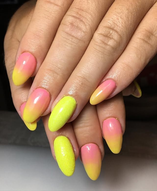 5. Glossy Pink to Yellow Ombre Almond Nails - yellow and pink nail ideas