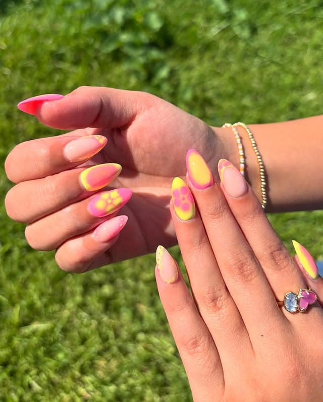 6. Sunset Pink and Yellow Aura Stiletto Nails - yellow and pink nail ideas