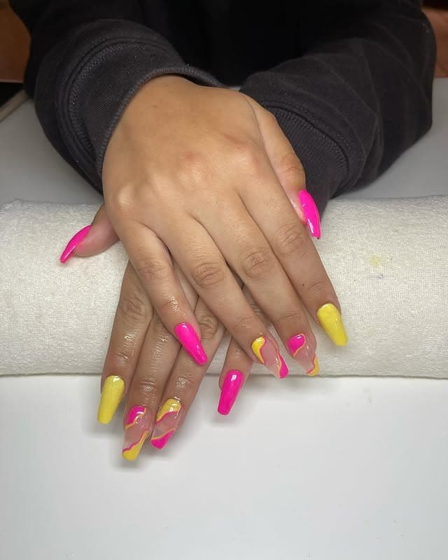 8. Bright Pink and Yellow Marble Coffin Nails - yellow and pink nail ideas