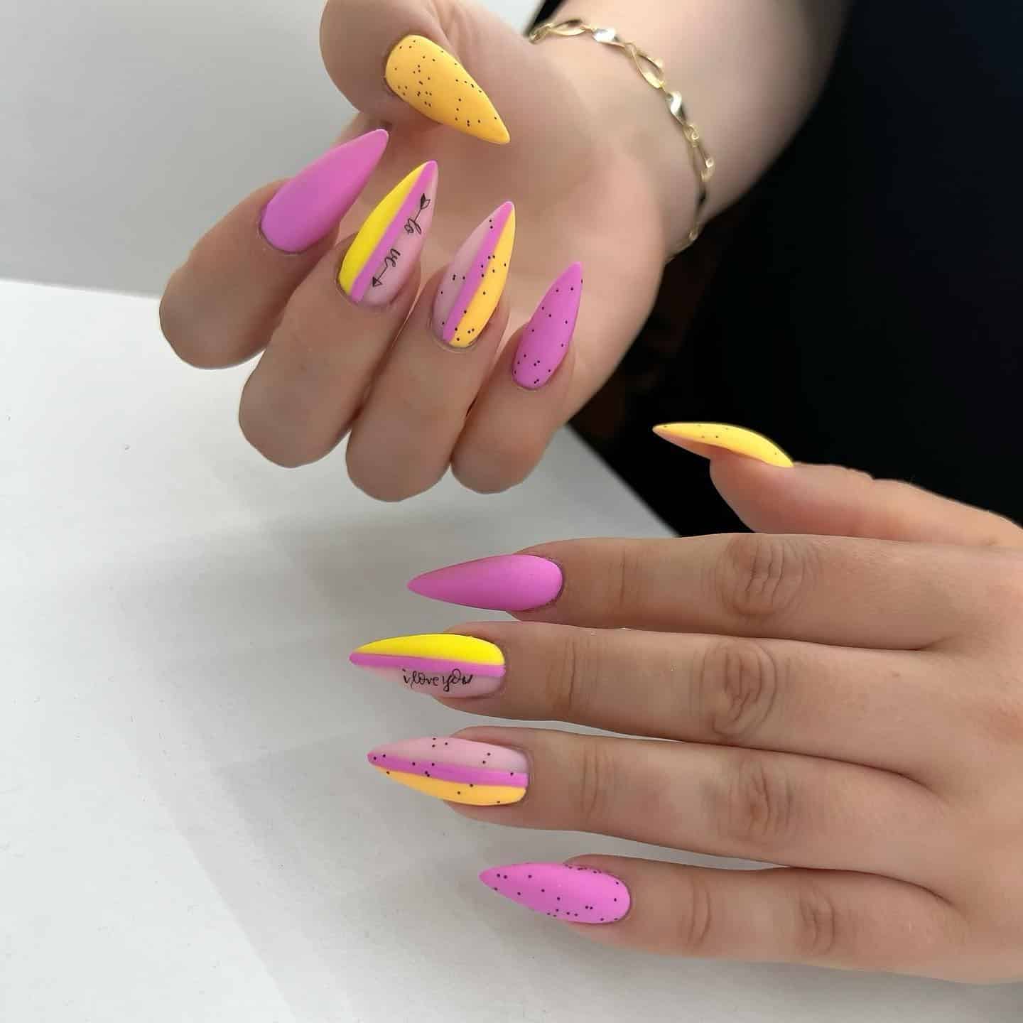 9. Pastel Pink and Yellow Split Design Almond Nails with Speckles - yellow and pink nail ideas