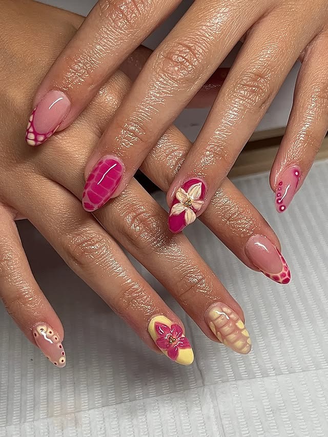 10. Pink and Yellow Floral Accent Almond Nails with Gloss Finish - yellow and pink nail ideas