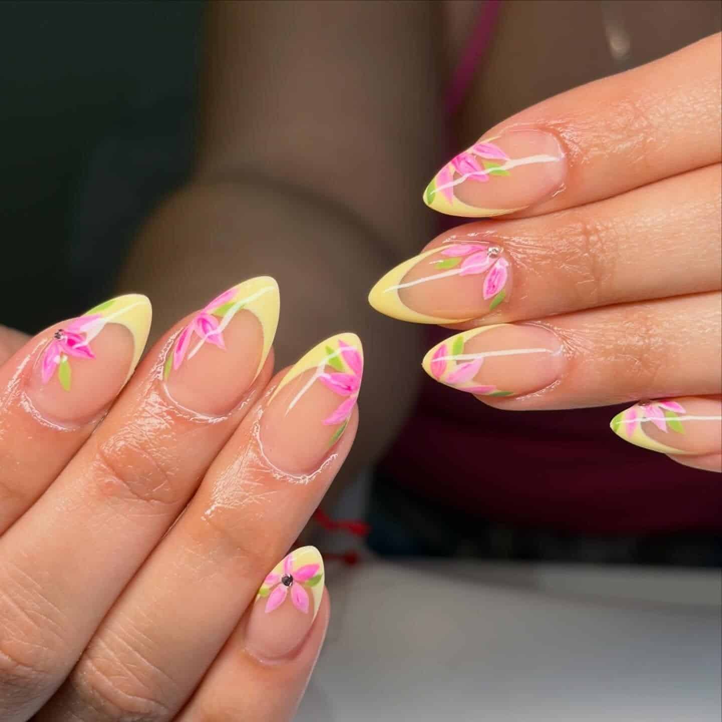 12. Yellow French Almond Nails with Pink Botanical Detailing - yellow and pink nail ideas