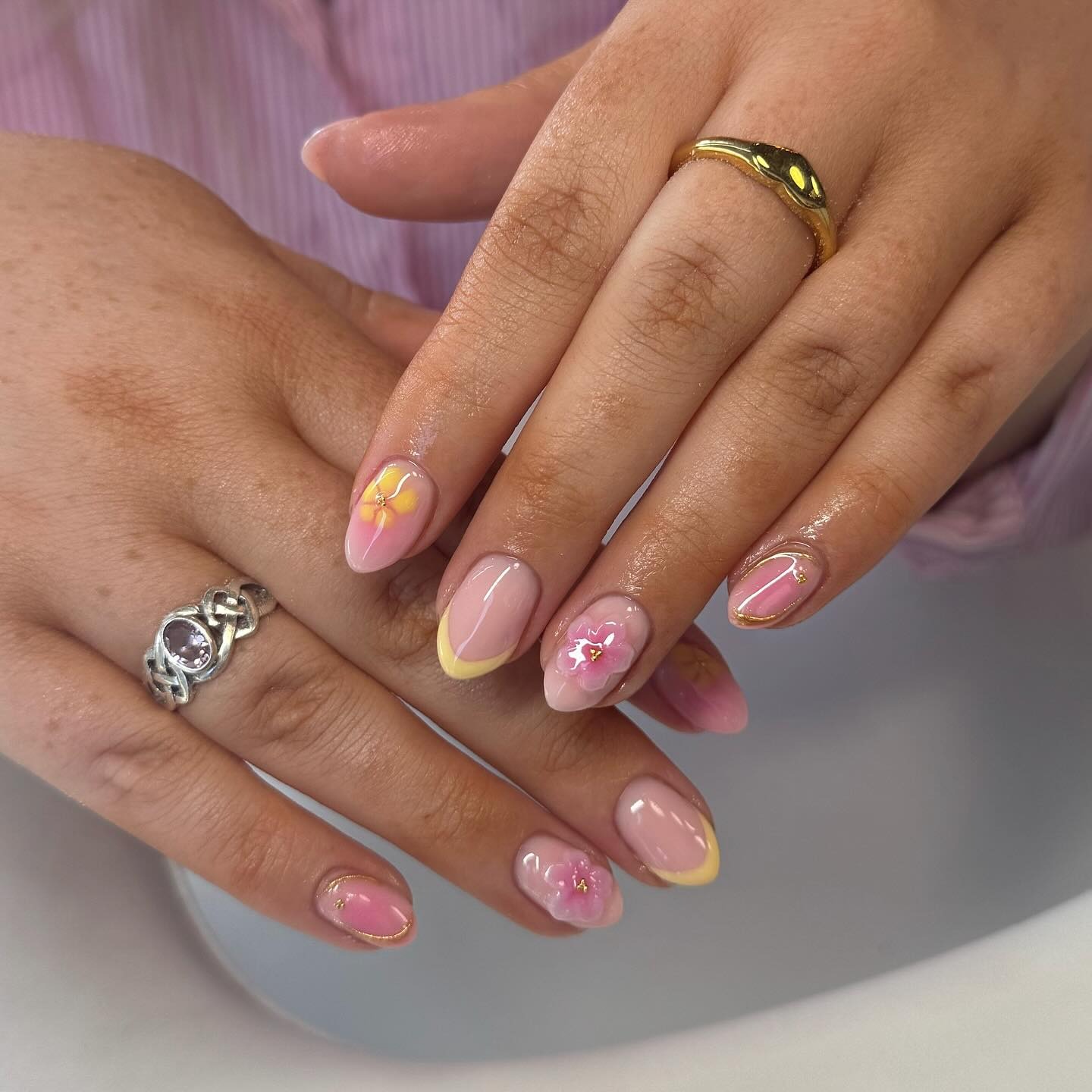 13. Short Oval Pink Nails with Yellow Micro French and 3D Floral Art - yellow and pink nail ideas