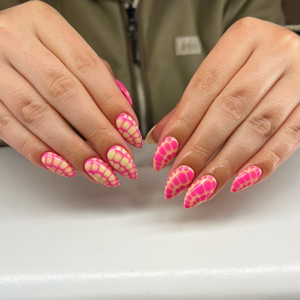 19. Pink and Yellow Croc Print Almond Nails with Gloss Finish - yellow and pink nail ideas