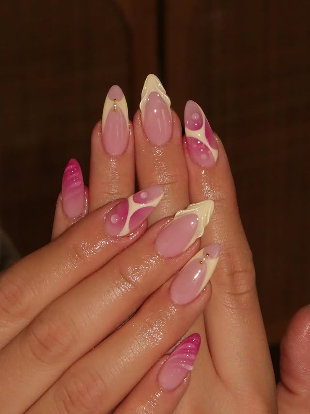 20. Blush Pink Almond Nails with Cream and Pink Abstract French Details - yellow and pink nail ideas