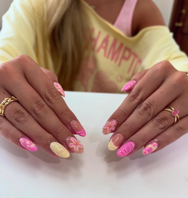 22. Pink and Butter Yellow Mixed Design Almond Nails with 3D Floral Art - yellow and pink nail ideas