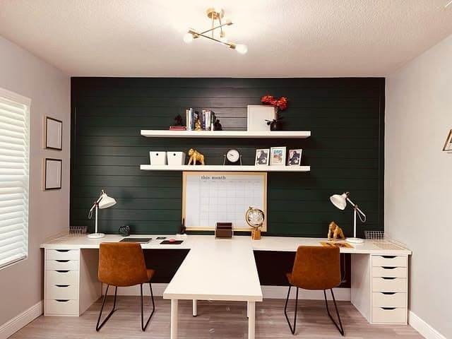 2. Dark Slat Accent Wall with Floating Shelves - accent wall office ideas