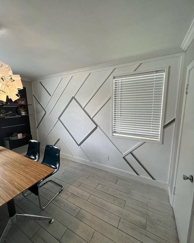 5. Geometric White Trim Accent Feature Wall - accent wall office ideas