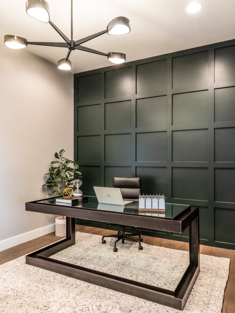 6. Deep Green Grid Panel Statement Wall - accent wall office ideas
