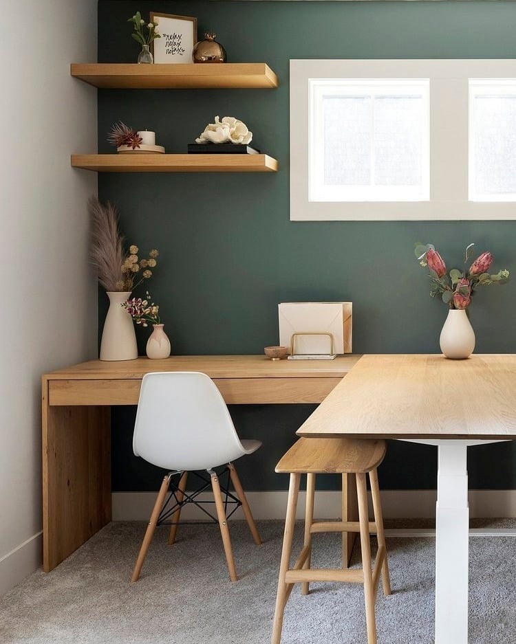 7. Earthy Green Accent Wall with Minimal Shelving - accent wall office ideas