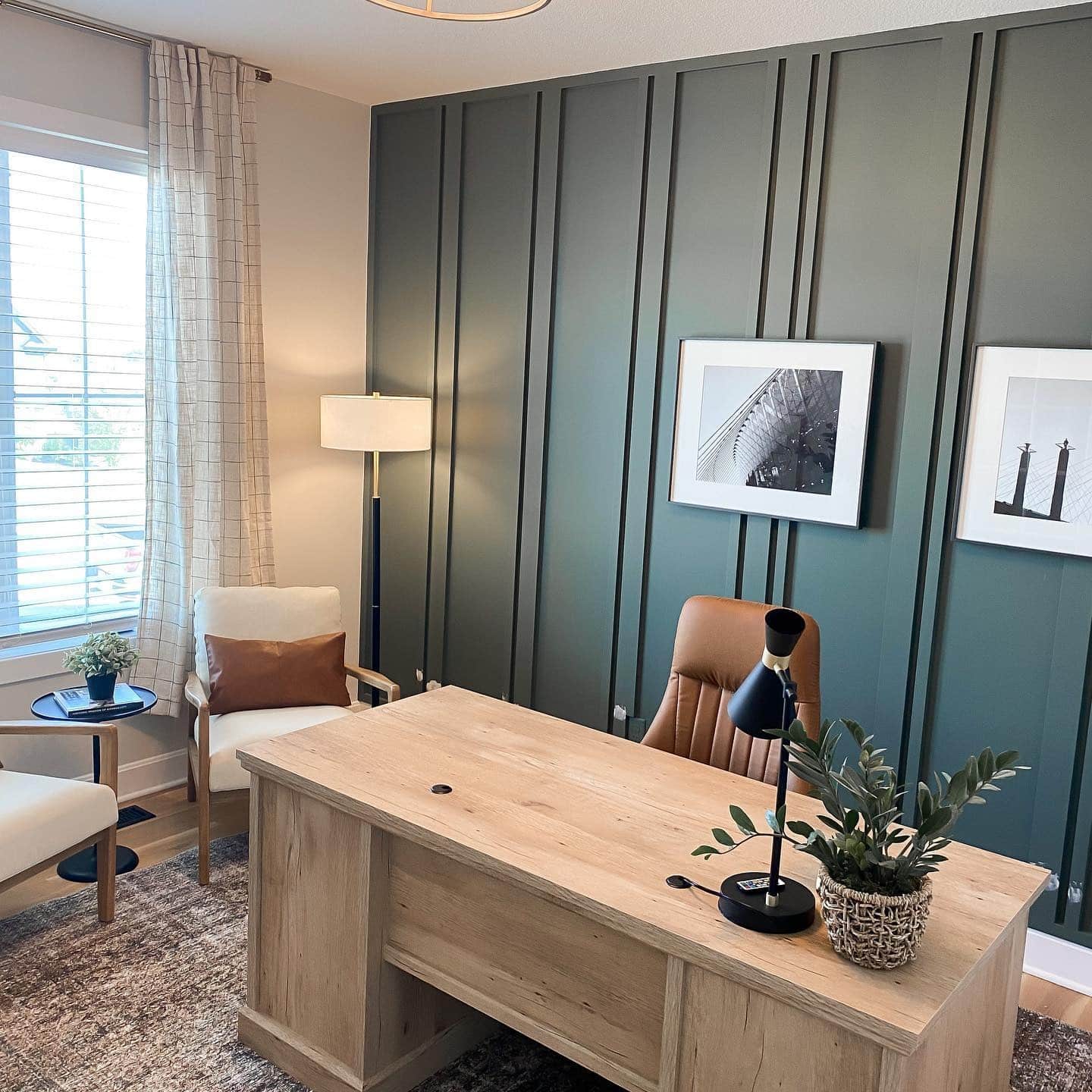 8. Vertical Slat Accent Wall in Cool Teal - accent wall office ideas