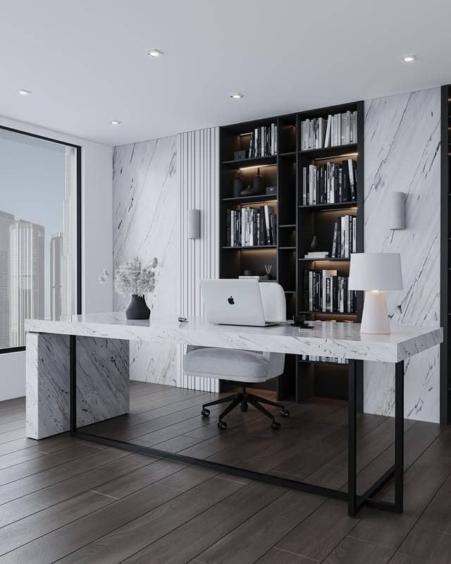 12. Marble Slab Accent Wall with Integrated Shelving - accent wall office ideas