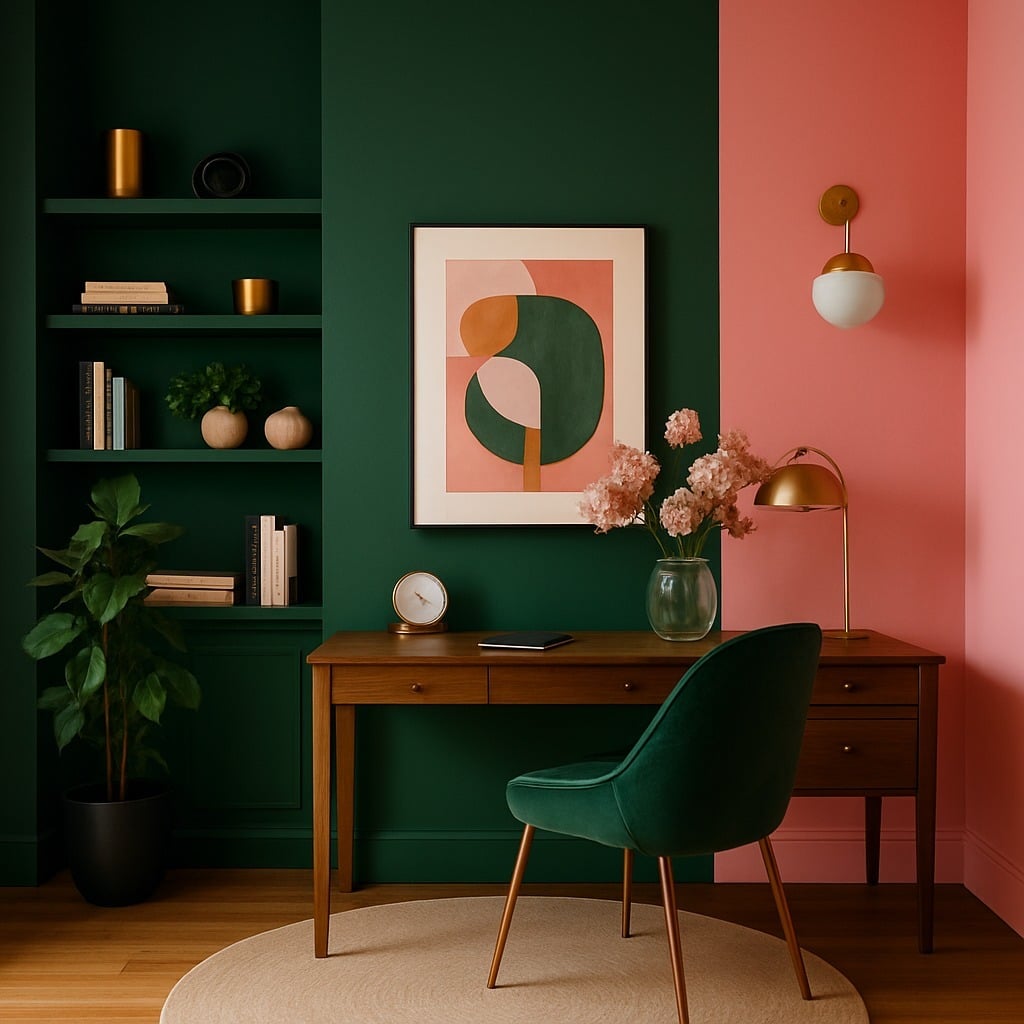 13. Color Block Green and Coral Accent Wall - accent wall office ideas