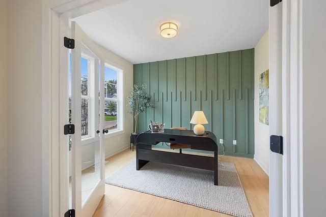 14. Soft Green Vertical Slat Accent Wall - accent wall office ideas