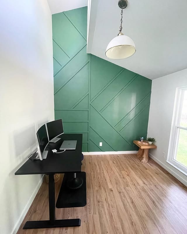 15. Geometric Green Accent Wall with Modern Trim Design - accent wall office ideas