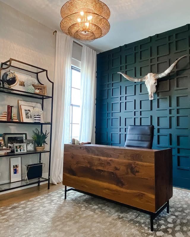 19. Deep Teal Grid Panel Accent Wall with Statement Decor - accent wall office ideas