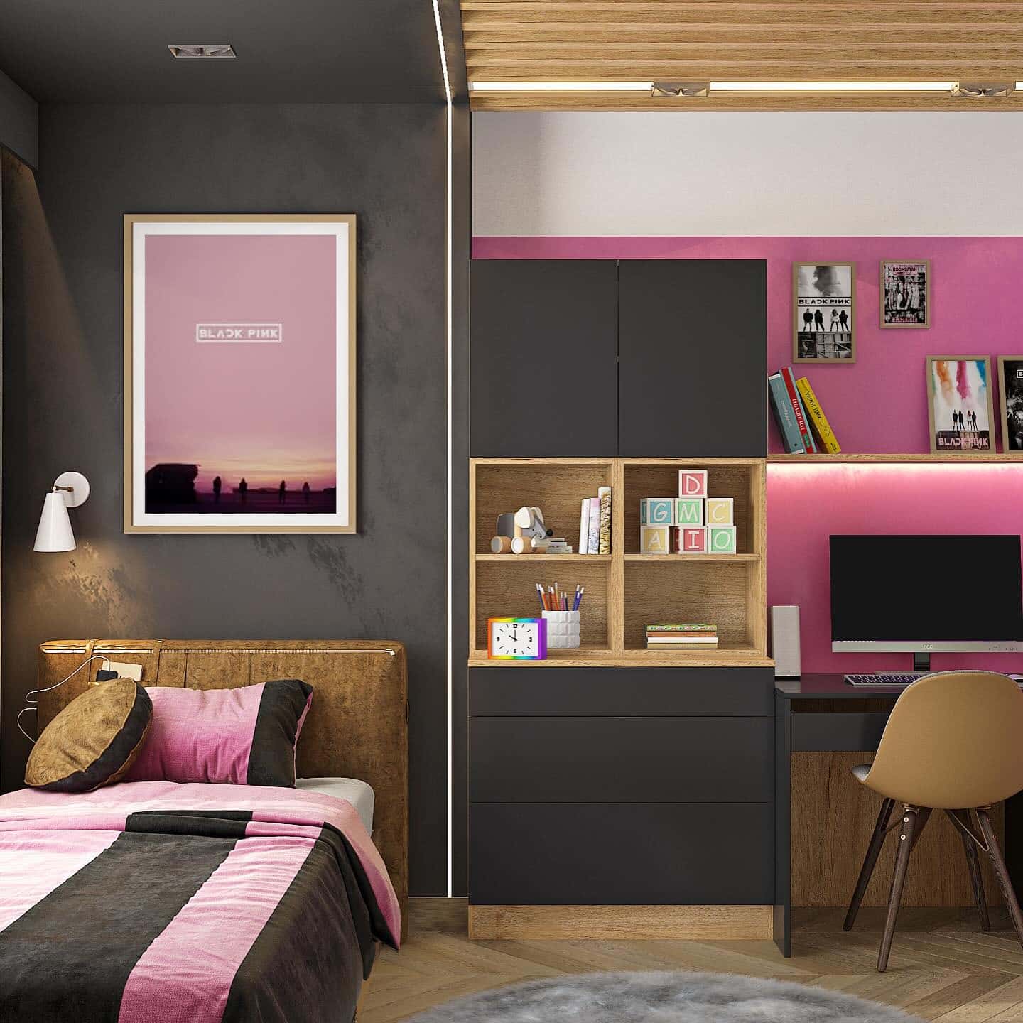 1. Modern Black and Pink Teen Bedroom with Built-In Study - black and pink bedroom ideas