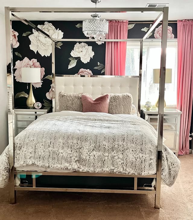 2. Glam Black Floral Bedroom with Pink Drapery - black and pink bedroom ideas