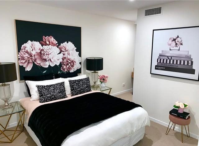 3. Minimalist Black, White, and Blush Bedroom - black and pink bedroom ideas