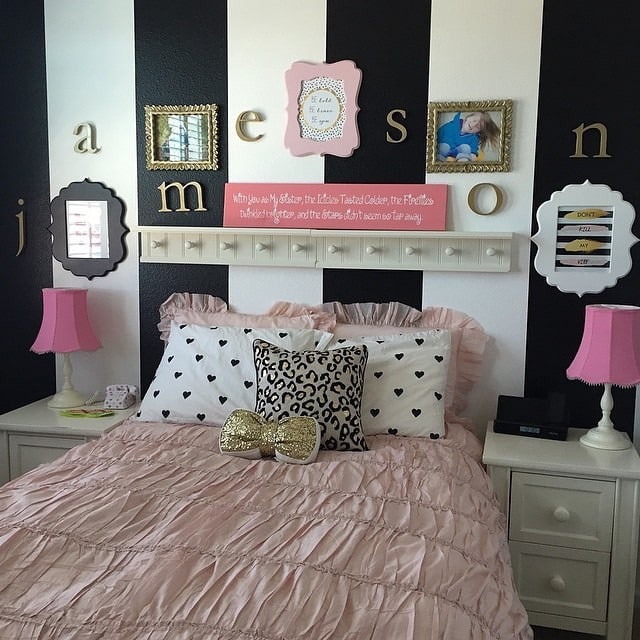 4. Playful Black Stripe and Pink Accent Bedroom - black and pink bedroom ideas