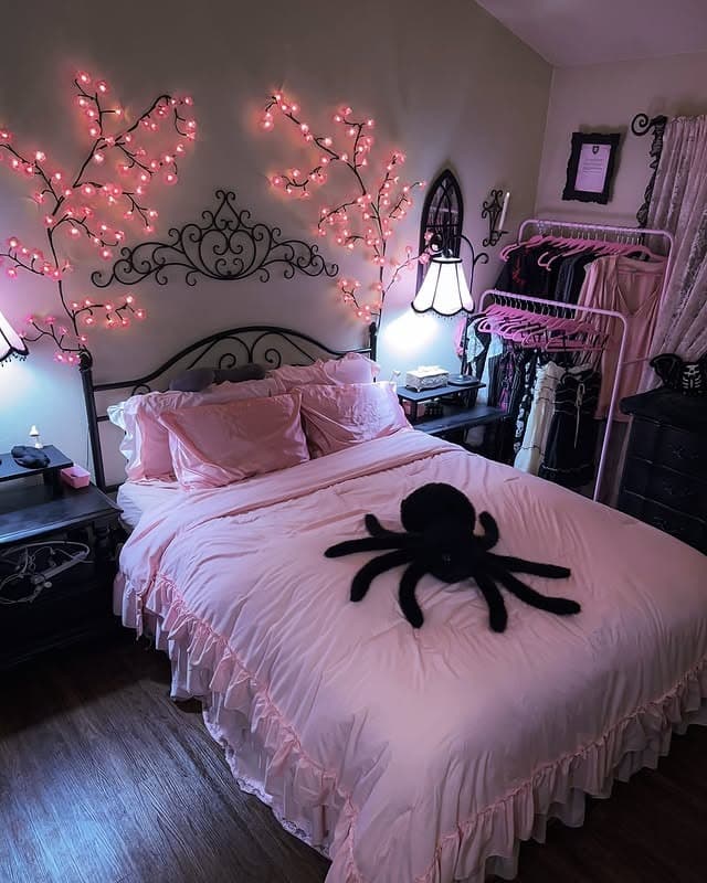 5. Cozy Pink Bedroom with Black Accents and Ambient Lighting - black and pink bedroom ideas