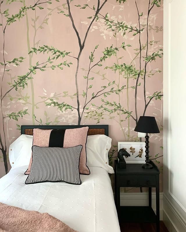 7. Soft Blush Botanical Bedroom with Black Details - black and pink bedroom ideas
