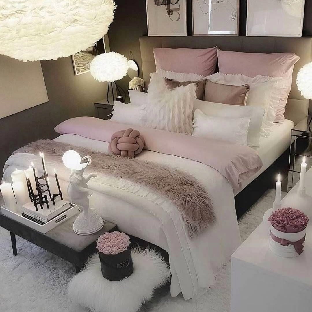 10. Luxurious Black and Blush Bedroom with Plush Textures - black and pink bedroom ideas