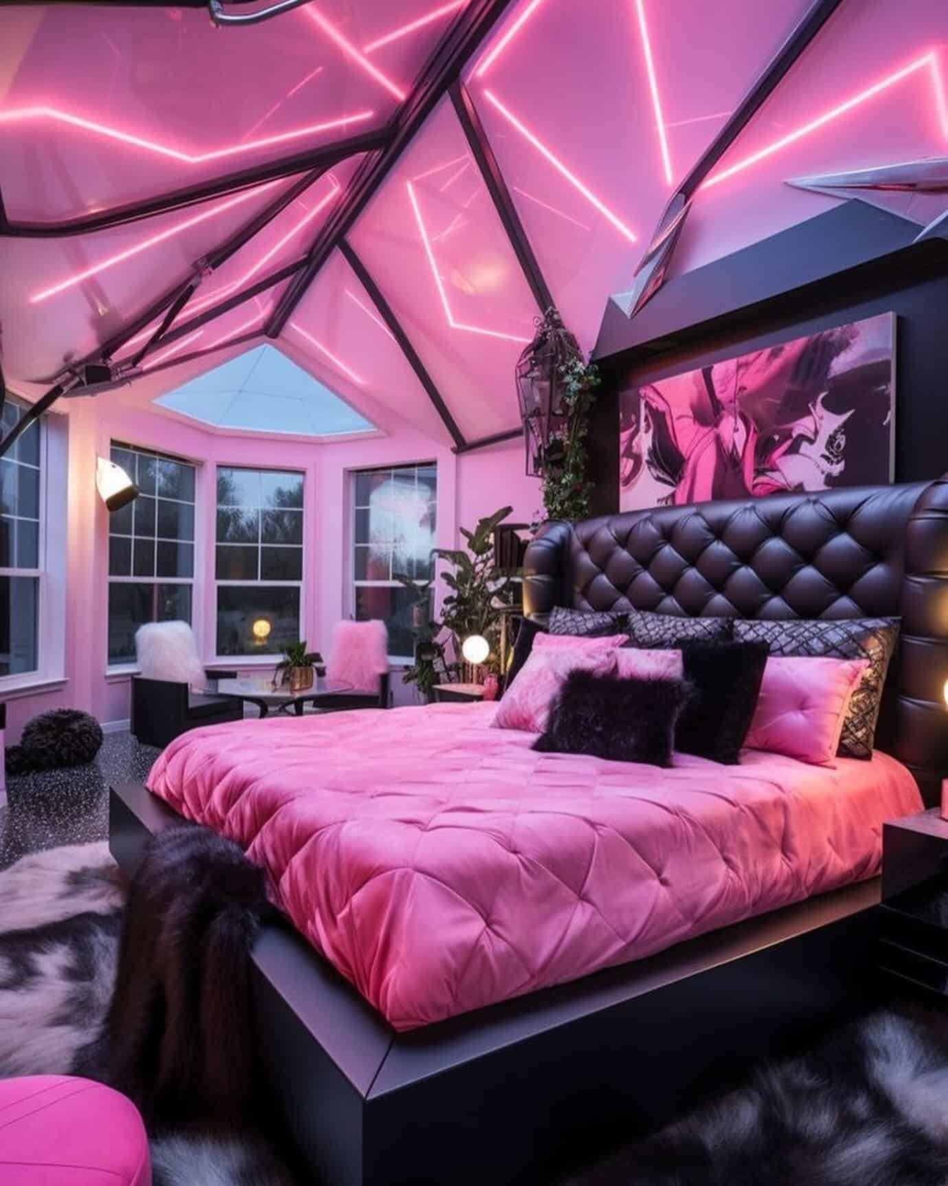 13. Futuristic Black and Pink Bedroom with LED Ceiling Design - black and pink bedroom ideas