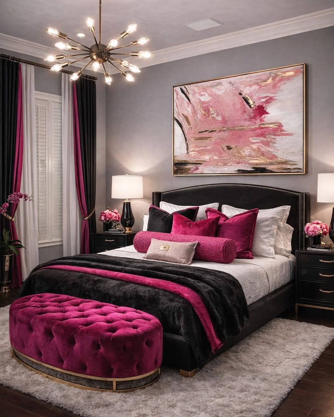 15. Classic Black, Pink, and Neutral Bedroom with Gold Accents - black and pink bedroom ideas