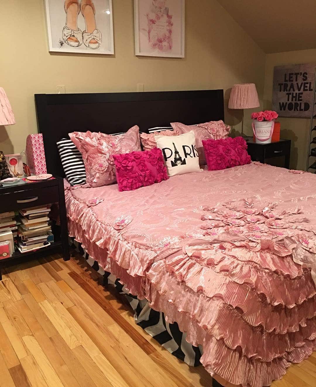 17. Romantic Pink Layered Bedroom with Black Furniture - black and pink bedroom ideas