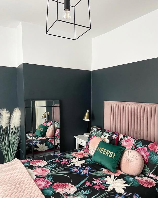 20. Botanical Black and Pink Bedroom with Modern Contrast - black and pink bedroom ideas