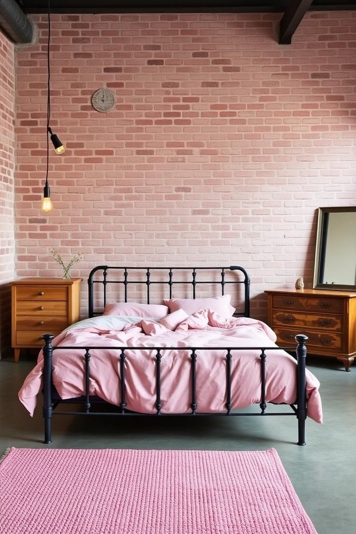 21. Industrial Pink Brick Bedroom with Black Iron Bed - black and pink bedroom ideas