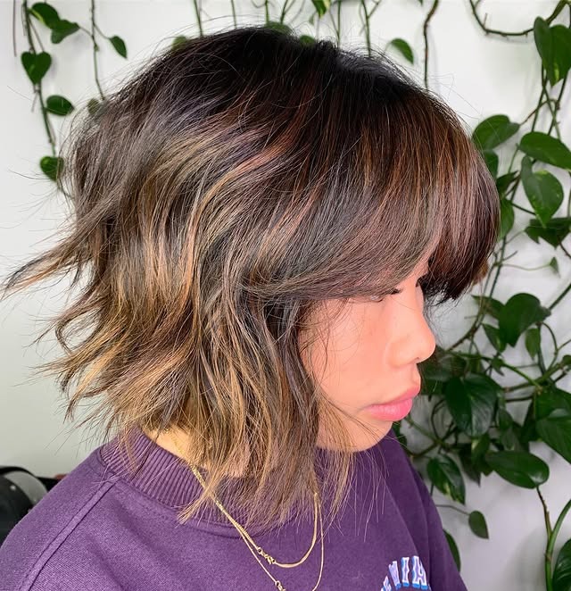4. Tousled Layered Bob with Curtain Fringe in Chestnut Brown Balayage - Messy Fringe Haircut For Women
