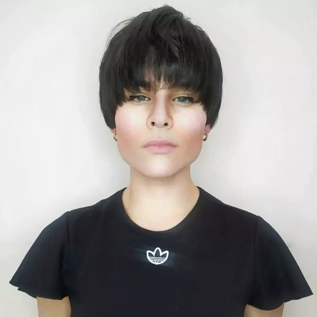17. Rounded Pixie Cut with Dense Fringe in Jet Black - Messy Fringe Haircut For Women