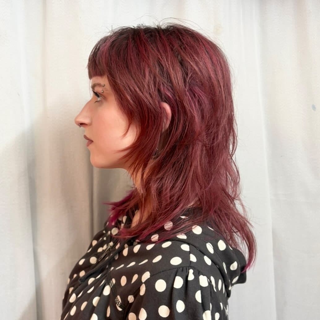 22. Modern Mullet Shag with Choppy Fringe in Rich Burgundy Red - Messy Fringe Haircut For Women