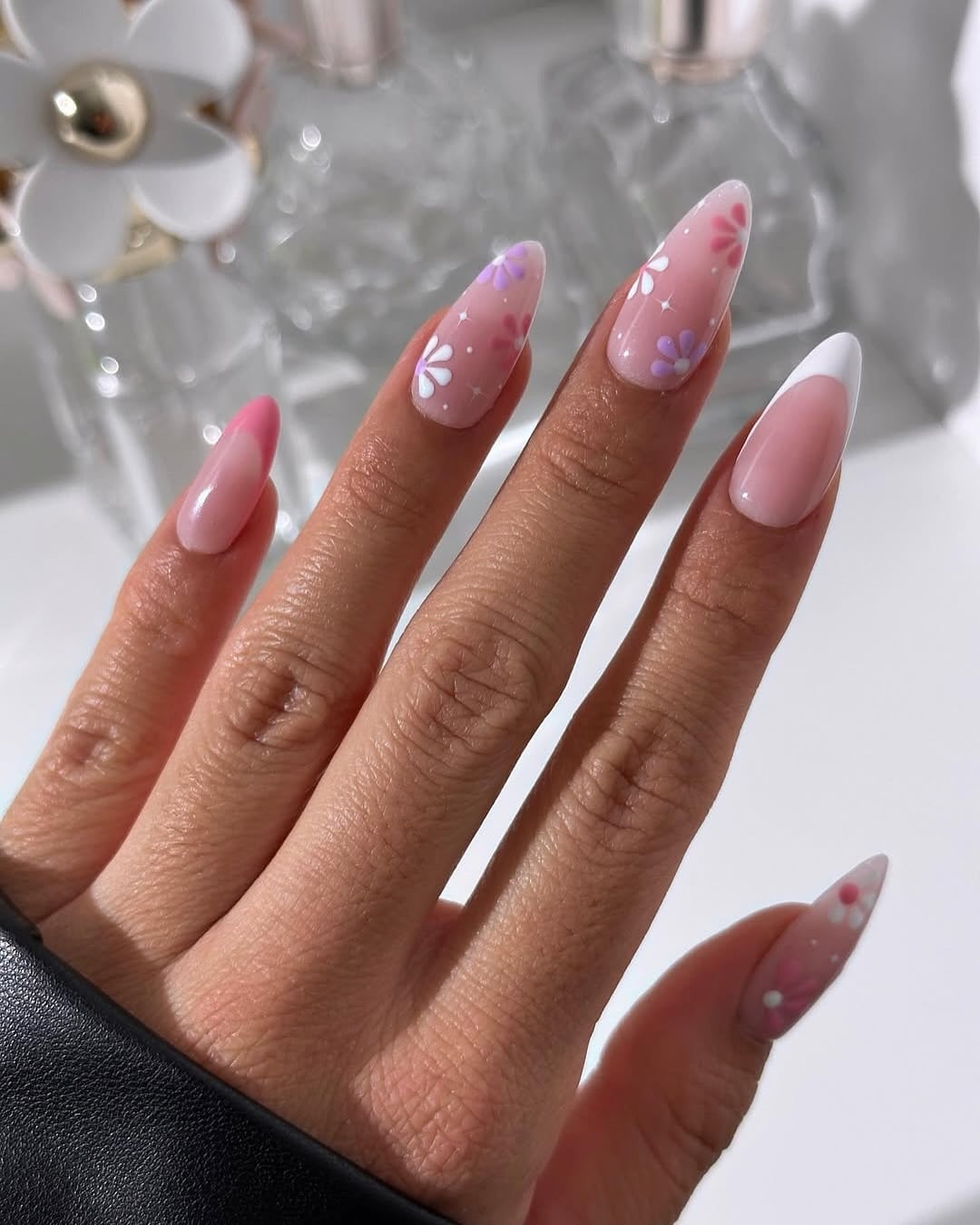 3. Almond Pink Floral Fade Nails - spring nail ideas