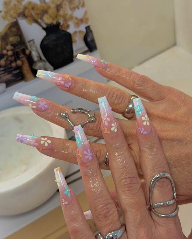 5. Long Coffin Pastel Garden Nails - spring nail ideas