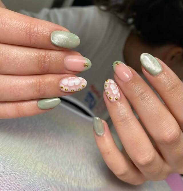 7. Sage Green and Daisy Accent Nails - spring nail ideas