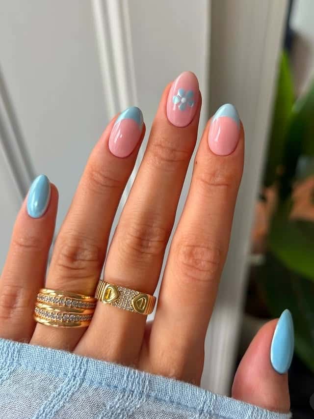 8. Blue and Pink Color Block Floral Nails - spring nail ideas