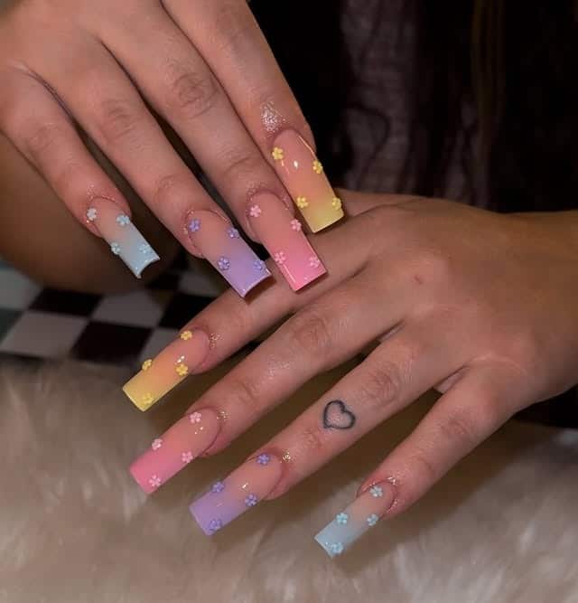 9. Pastel Rainbow Ombre Coffin Nails with Florals - spring nail ideas