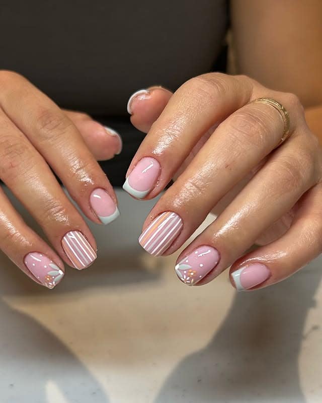10. Soft Pink French and Stripe Accent Nails - spring nail ideas