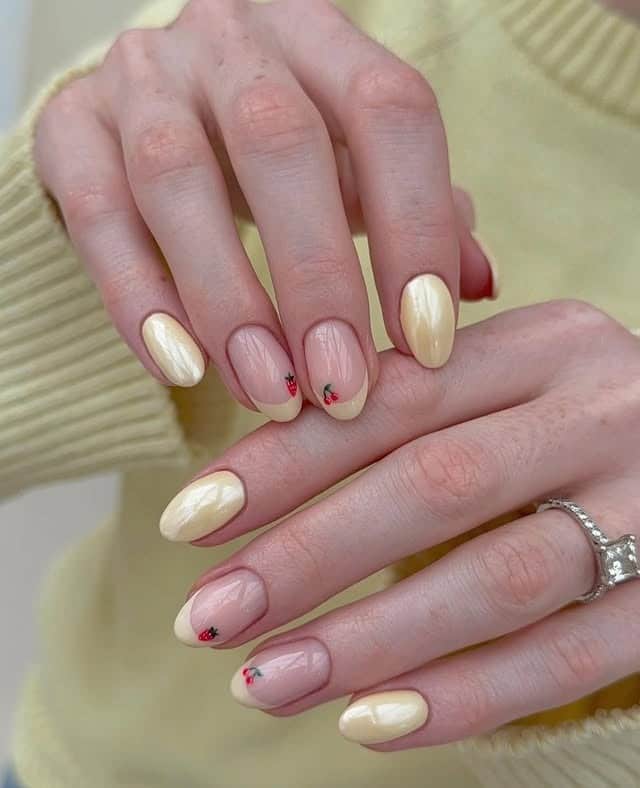 12. Butter Yellow Gloss Nails with Cherry Accents - spring nail ideas