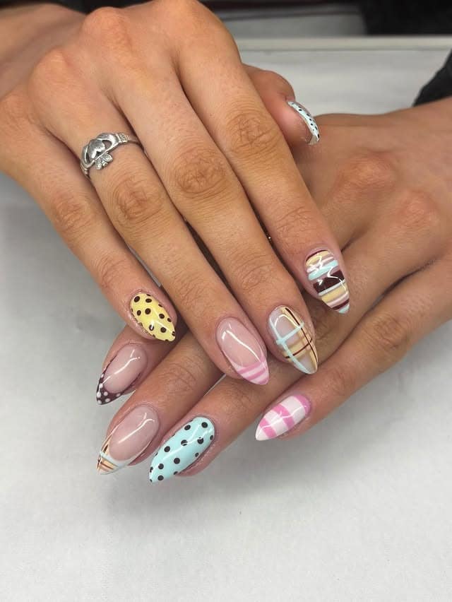 13. Mixed Pattern Pastel Almond Nails - spring nail ideas