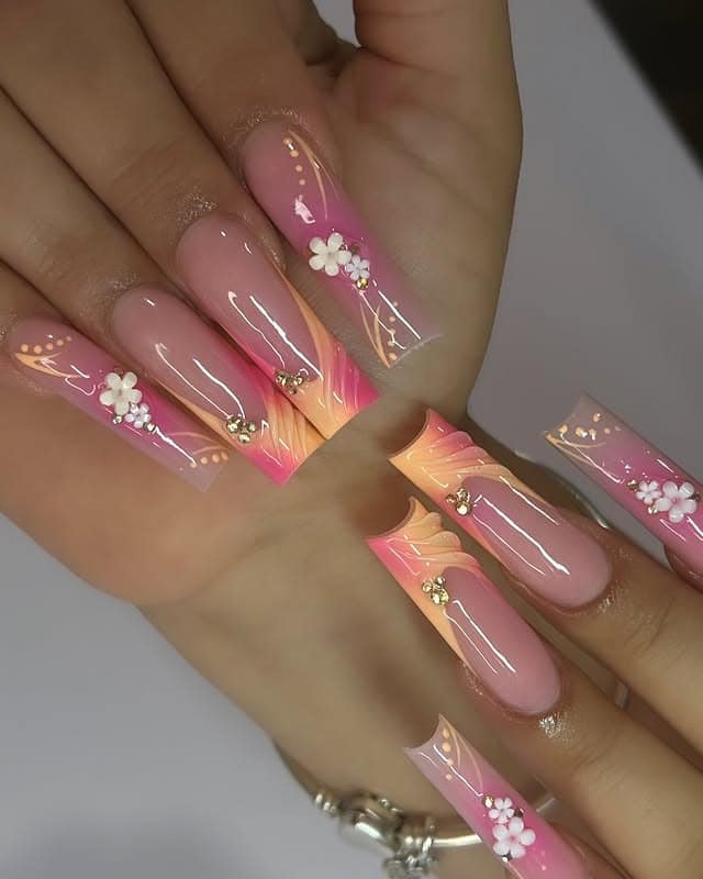 15. Pink and Peach Ombre Coffin Floral Nails - spring nail ideas