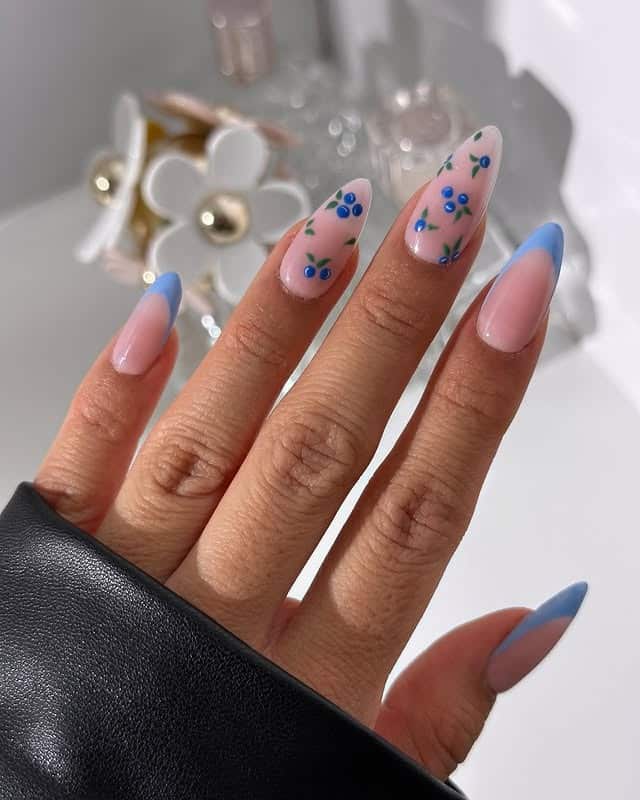 18. Blueberry Floral French Tip Almond Nails - spring nail ideas