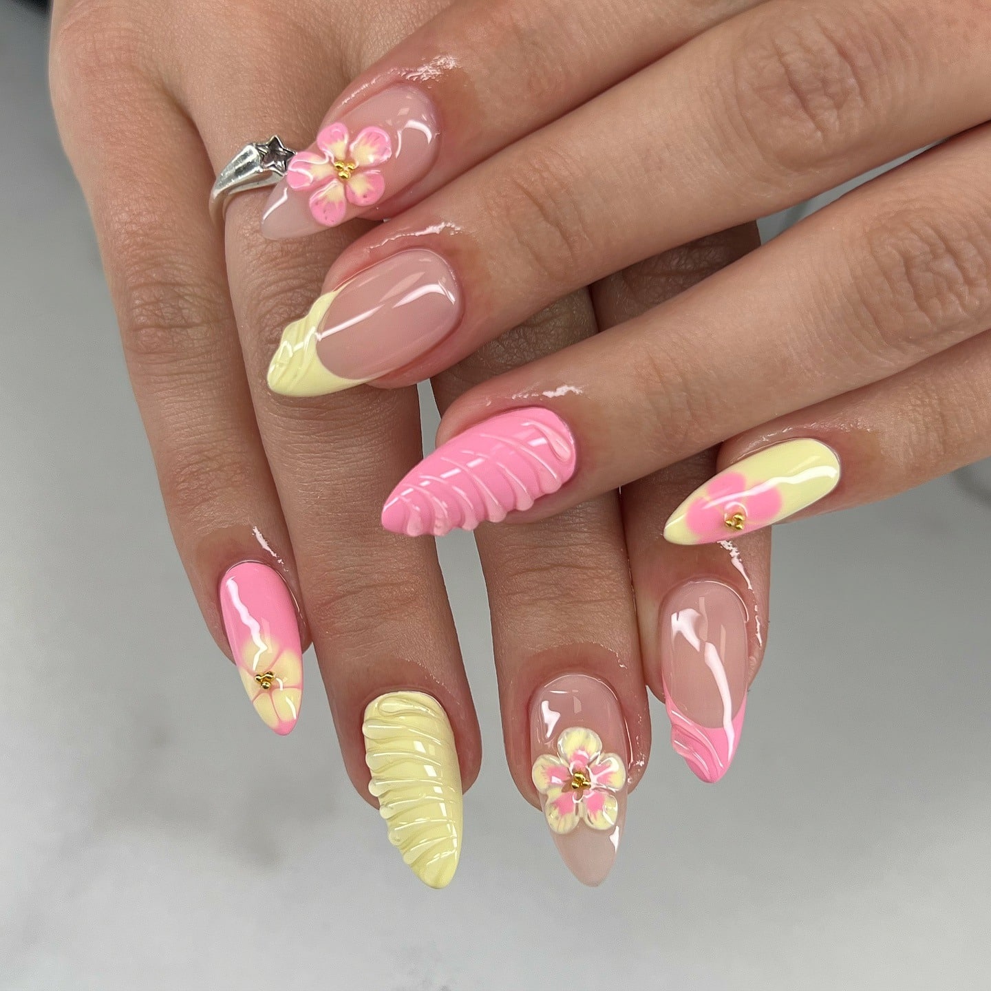 20. Pink and Yellow 3D Floral Sculpted Almond Nails - spring nail ideas