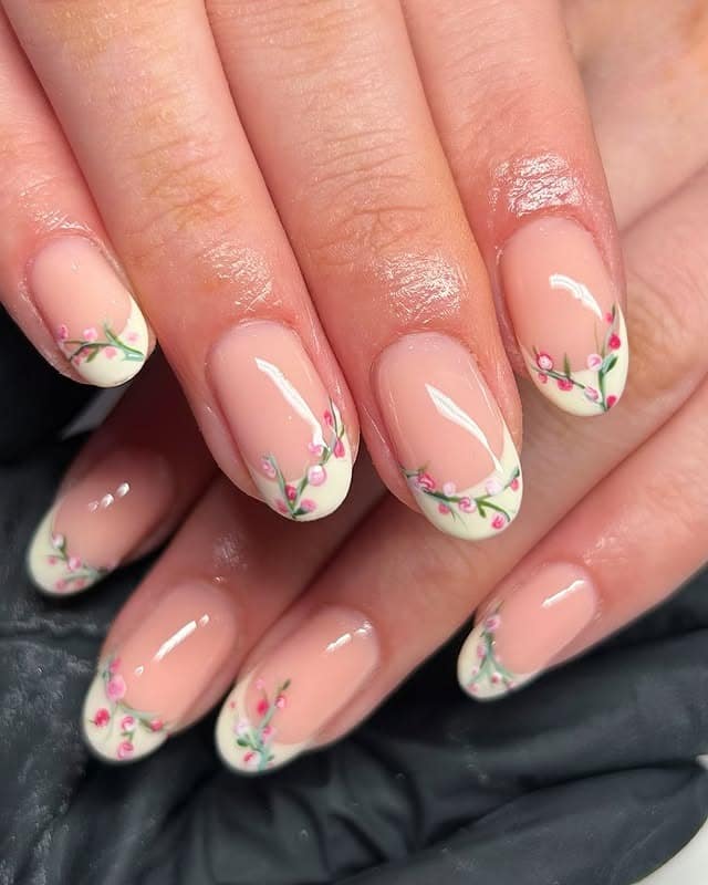 21. Soft Nude French Tips with Delicate Floral Vines - spring nail ideas