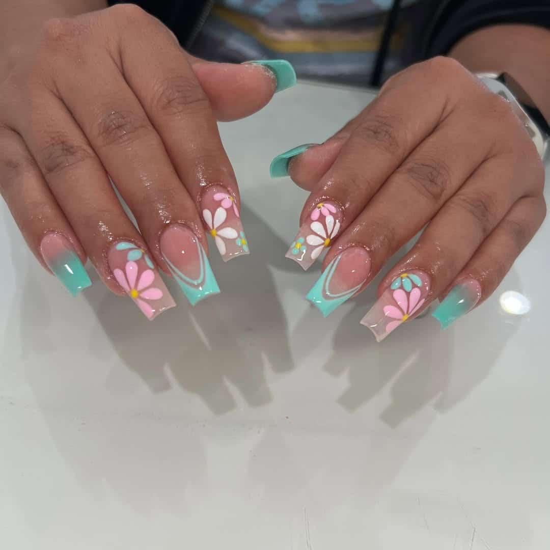 22. Aqua Ombre Square Nails with Bold Daisy Art - spring nail ideas