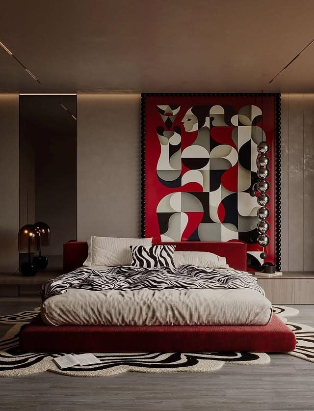 2. Checkered Black and White Bedding with Red Accent Layer - red, black and white bedroom ideas