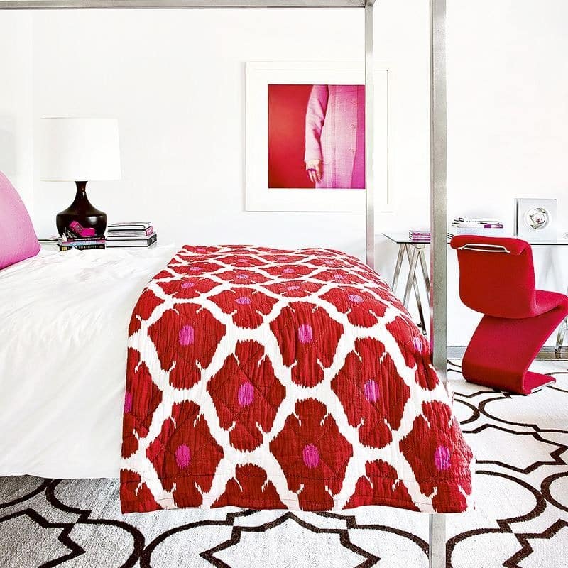 4. Modern Minimal Bedroom with Red Accent Pillows - red, black and white bedroom ideas